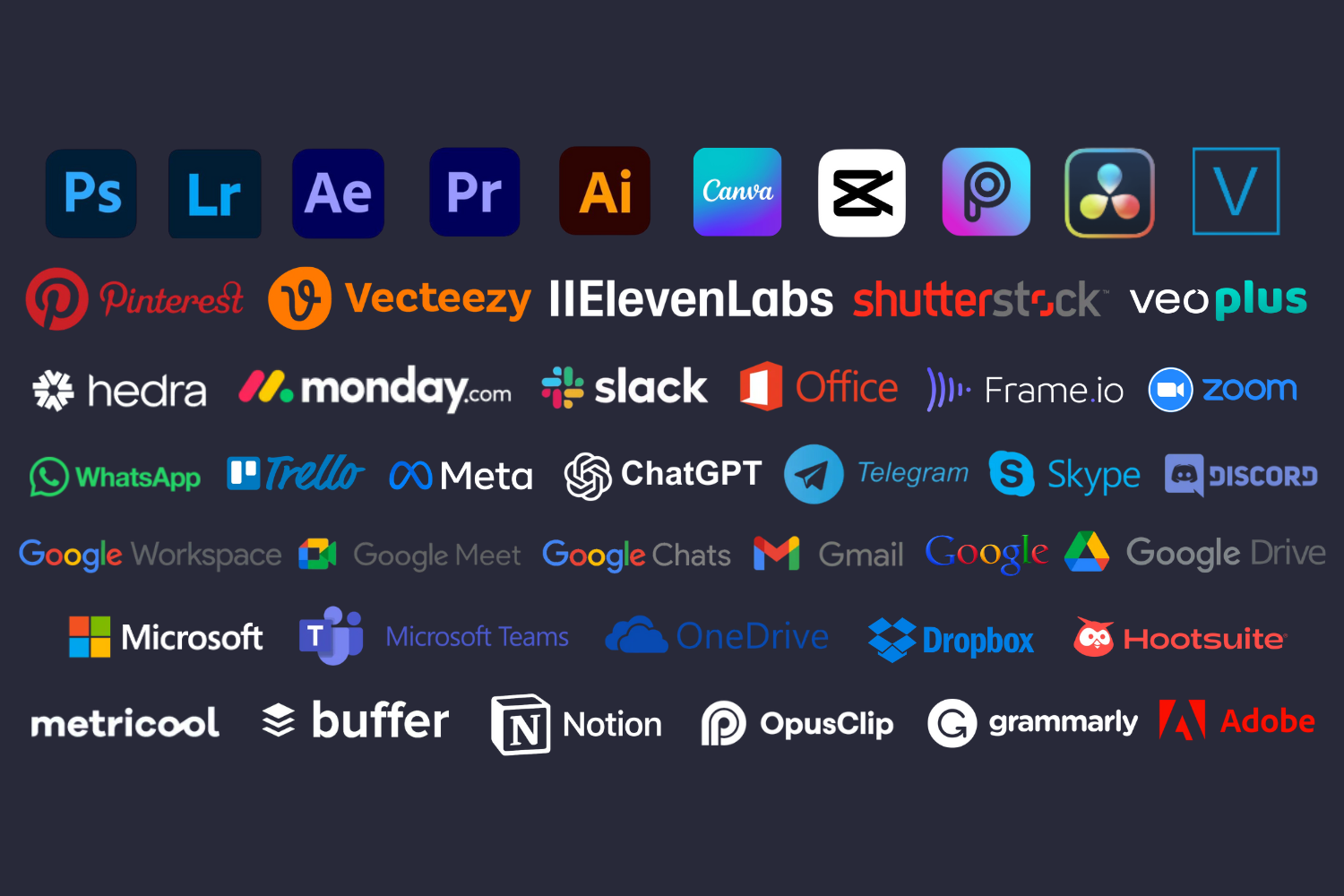 Tools That We Use - Photoshop, Lightroom, After Effects, Premiere Pro, Illustrator, Canva, and more